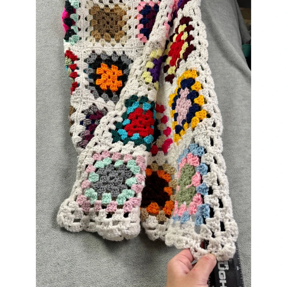 Vintage Handmade Crochet Granny Square Blanket Multi Color Boho Throw 43x43